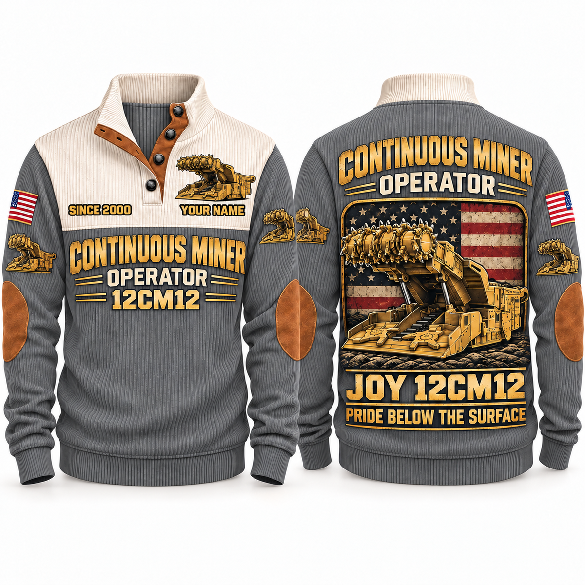 12CM12 Continuous Miner Operator Sports Sweatshirt in Grey, front and back views, sample YOUR NAME and SINCE 2000 personalization