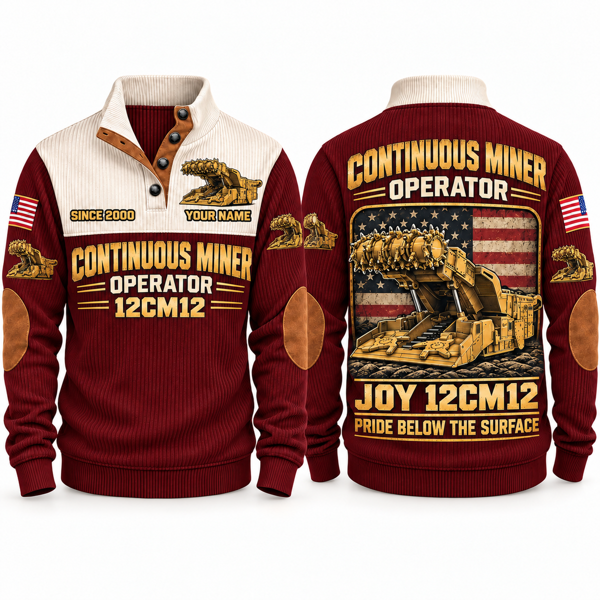 12CM12 Continuous Miner Operator Sports Sweatshirt in Jujube Red, front and back views, sample YOUR NAME and SINCE 2000 personalization