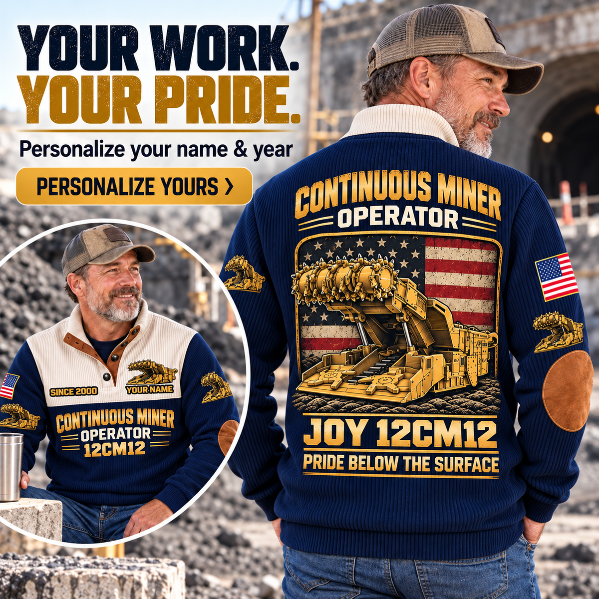 Personalized 12CM12 Continuous Miner Operator Sports Sweatshirt in Navy, dedicated lifestyle featured image showing front and back artwork, personalized YOUR NAME and SINCE 2000