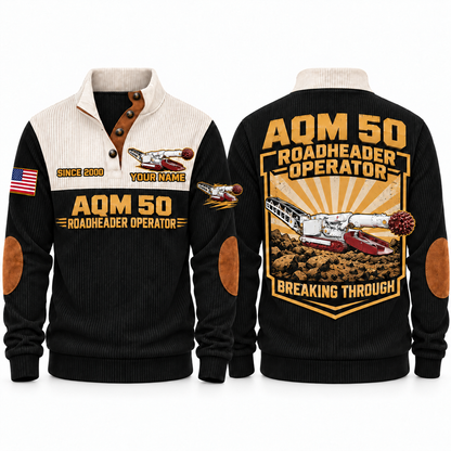 AQM 50 Roadheader Operator Sports Sweatshirt in Black, front and back views, sample YOUR NAME and SINCE 2000 personalization