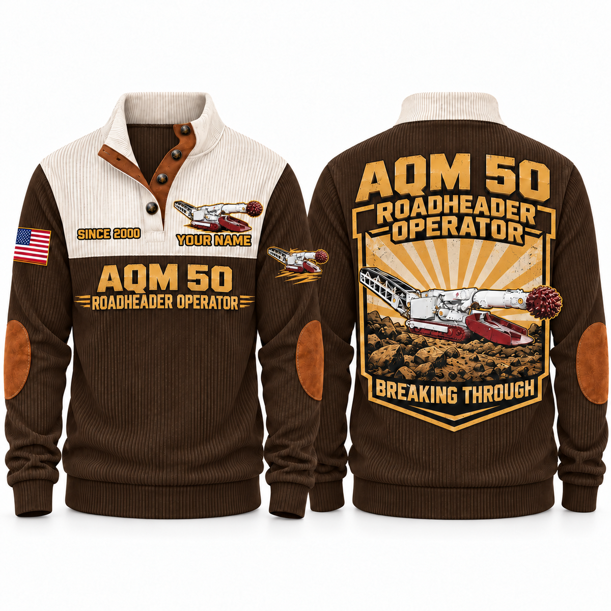 AQM 50 Roadheader Operator Sports Sweatshirt in Brown, front and back views, sample YOUR NAME and SINCE 2000 personalization