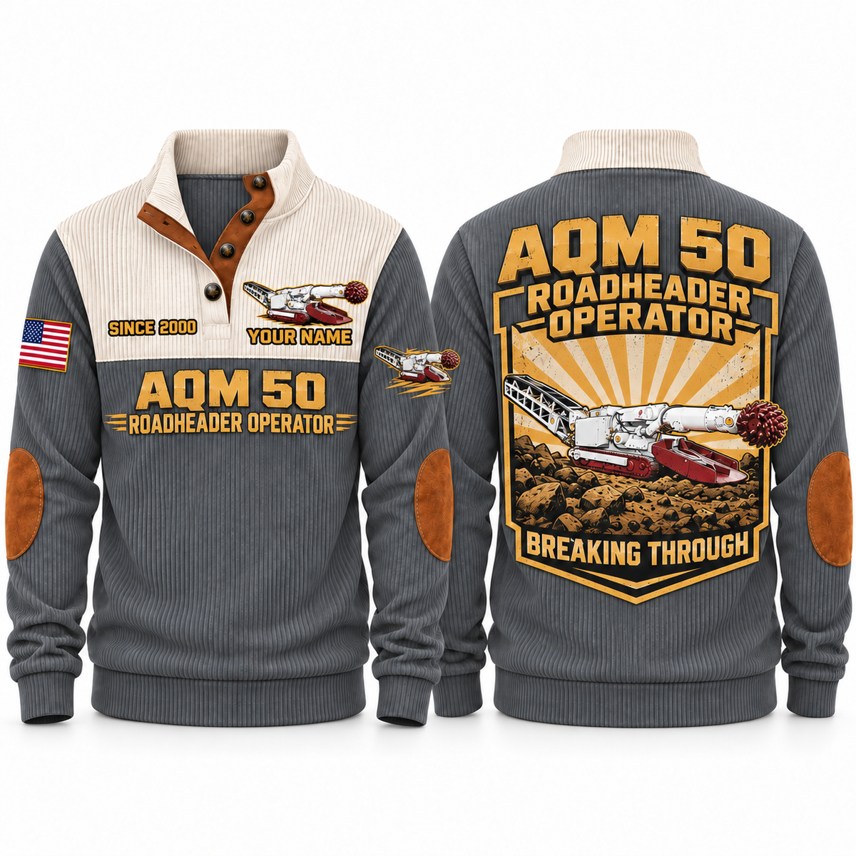AQM 50 Roadheader Operator Sports Sweatshirt in Grey, front and back views, sample YOUR NAME and SINCE 2000 personalization