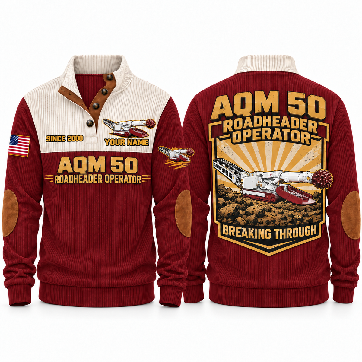 AQM 50 Roadheader Operator Sports Sweatshirt in Jujube Red, front and back views, sample YOUR NAME and SINCE 2000 personalization