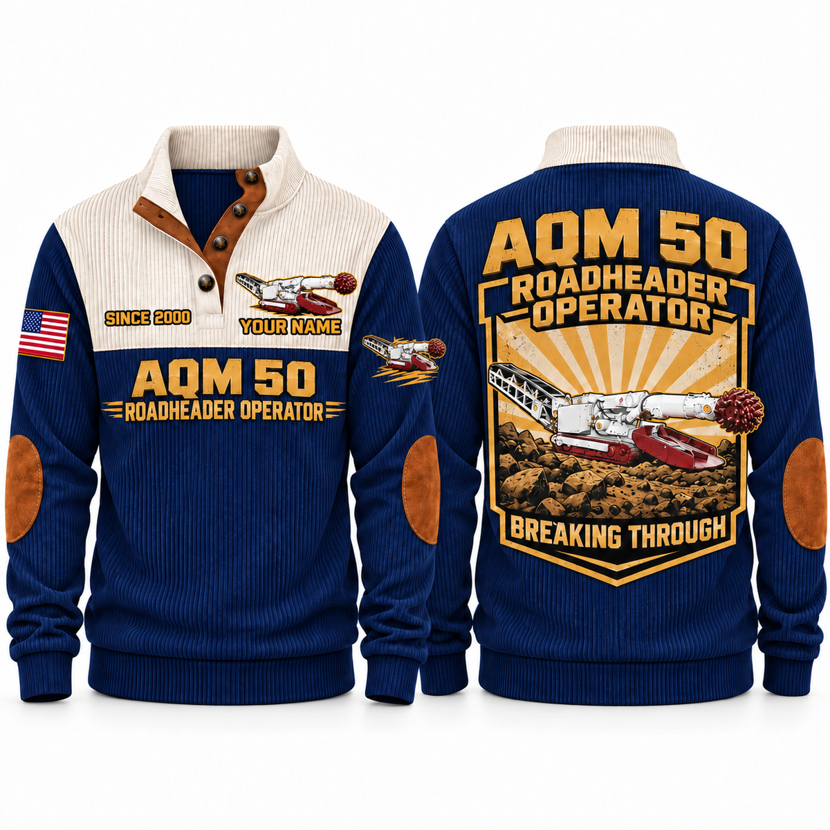 AQM 50 Roadheader Operator Sports Sweatshirt in Navy, front and back views, sample YOUR NAME and SINCE 2000 personalization