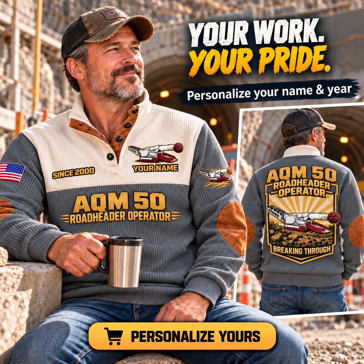 Personalized AQM 50 Roadheader Operator Sports Sweatshirt in Grey, dedicated lifestyle featured image showing front and back artwork, personalized YOUR NAME and SINCE 2000