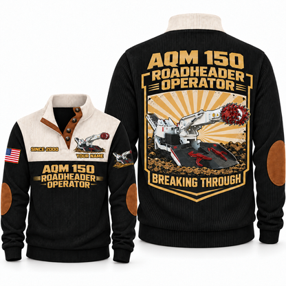 AQM 150 Roadheader Operator Sports Sweatshirt in Black, front and back views, sample YOUR NAME and SINCE 2000 personalization