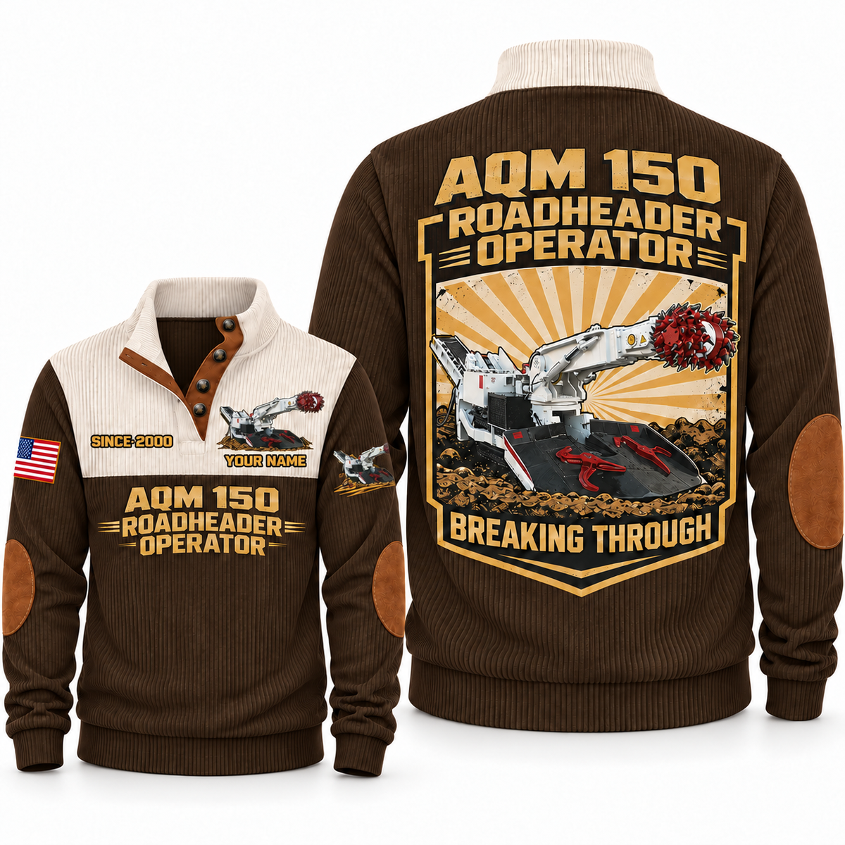 AQM 150 Roadheader Operator Sports Sweatshirt in Brown, front and back views, sample YOUR NAME and SINCE 2000 personalization