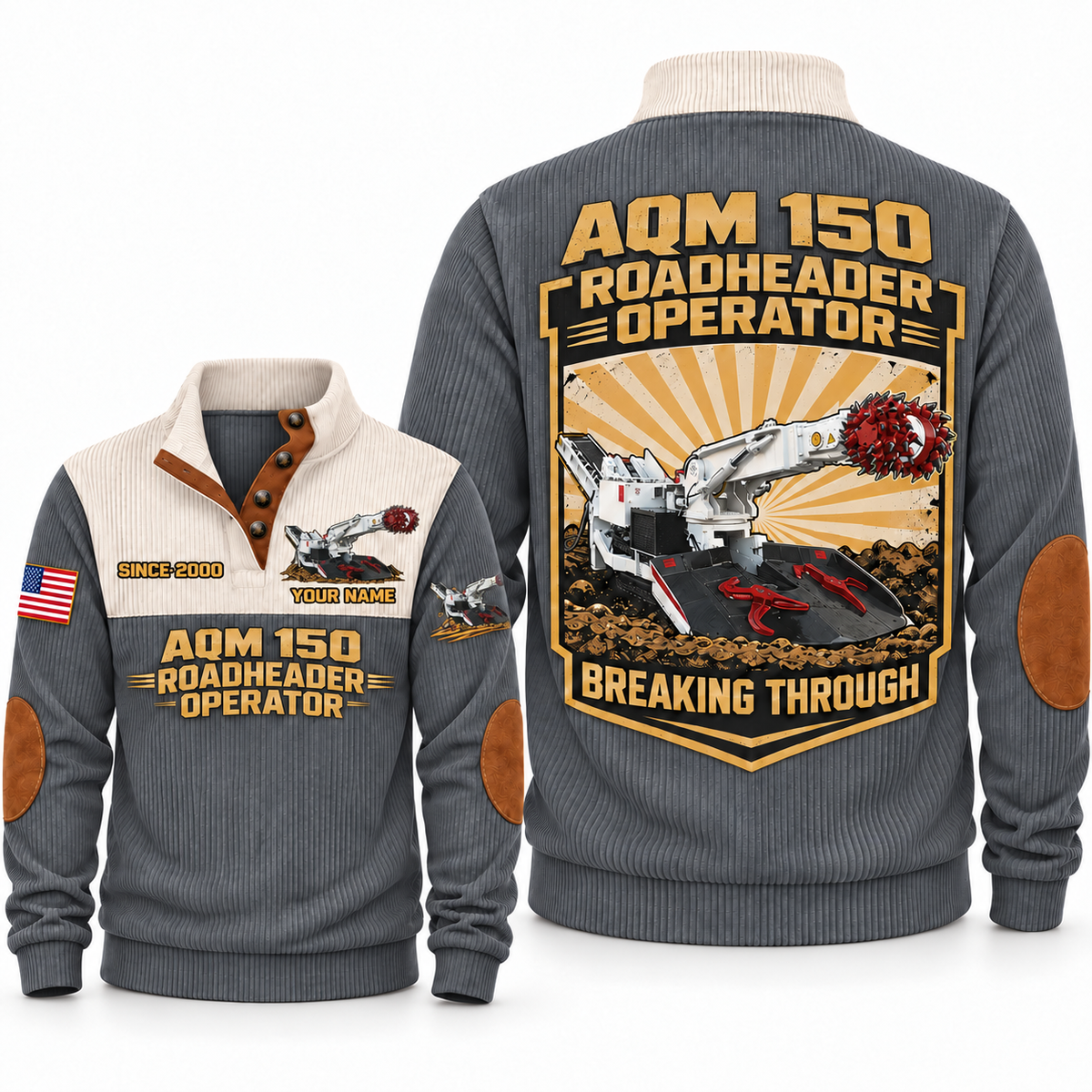 AQM 150 Roadheader Operator Sports Sweatshirt in Grey, front and back views, sample YOUR NAME and SINCE 2000 personalization