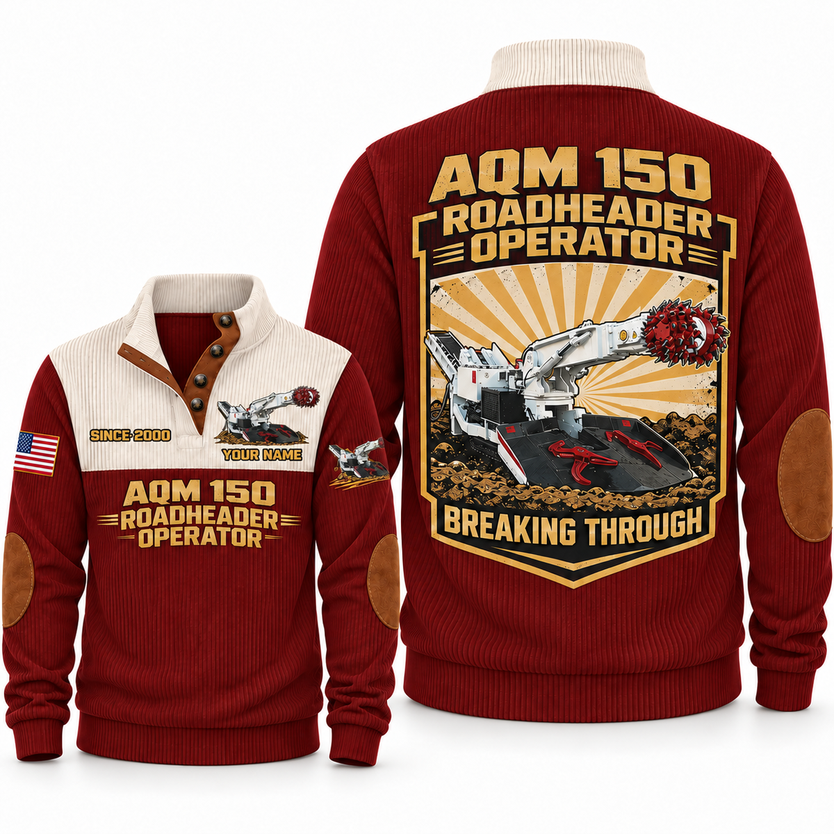 AQM 150 Roadheader Operator Sports Sweatshirt in Jujube Red, front and back views, sample YOUR NAME and SINCE 2000 personalization