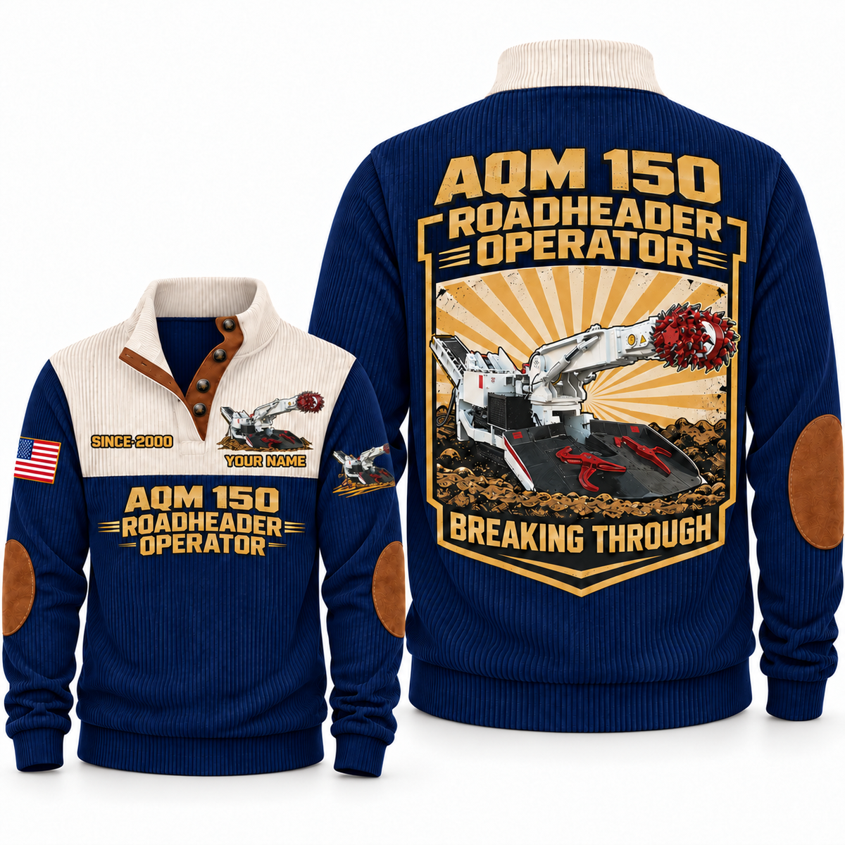 AQM 150 Roadheader Operator Sports Sweatshirt in Navy, front and back views, sample YOUR NAME and SINCE 2000 personalization