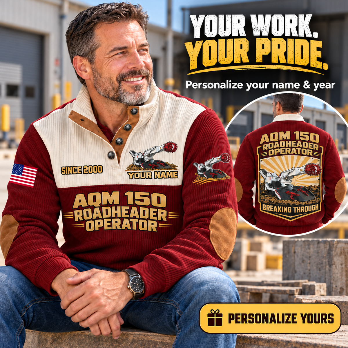Personalized AQM 150 Roadheader Operator Sports Sweatshirt in Jujube Red, dedicated lifestyle featured image showing front and back artwork, personalized YOUR NAME and SINCE 2000