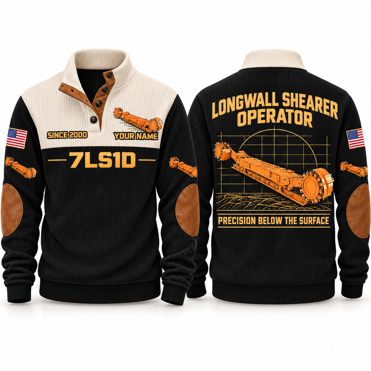 7LS1D Longwall Shearer Operator Sports Sweatshirt in Black, front and back views, sample YOUR NAME and SINCE 2000 personalization