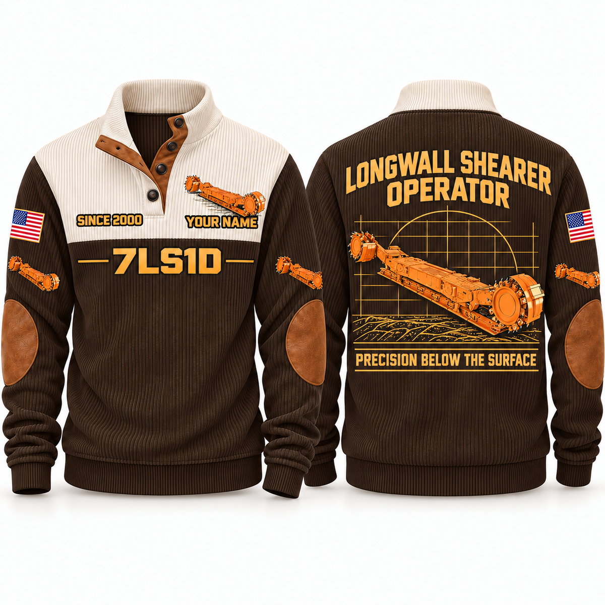 7LS1D Longwall Shearer Operator Sports Sweatshirt in Brown, front and back views, sample YOUR NAME and SINCE 2000 personalization