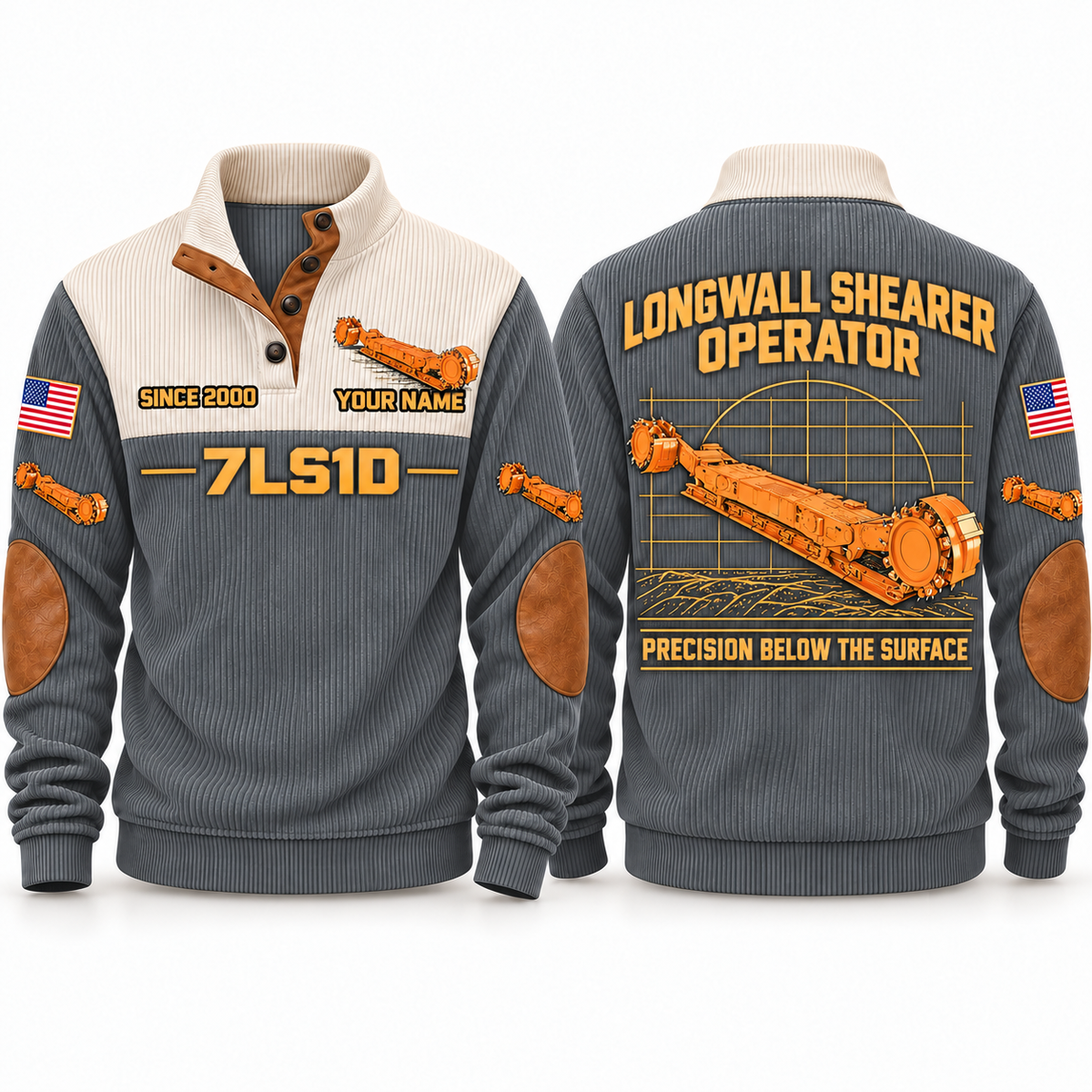7LS1D Longwall Shearer Operator Sports Sweatshirt in Grey, front and back views, sample YOUR NAME and SINCE 2000 personalization