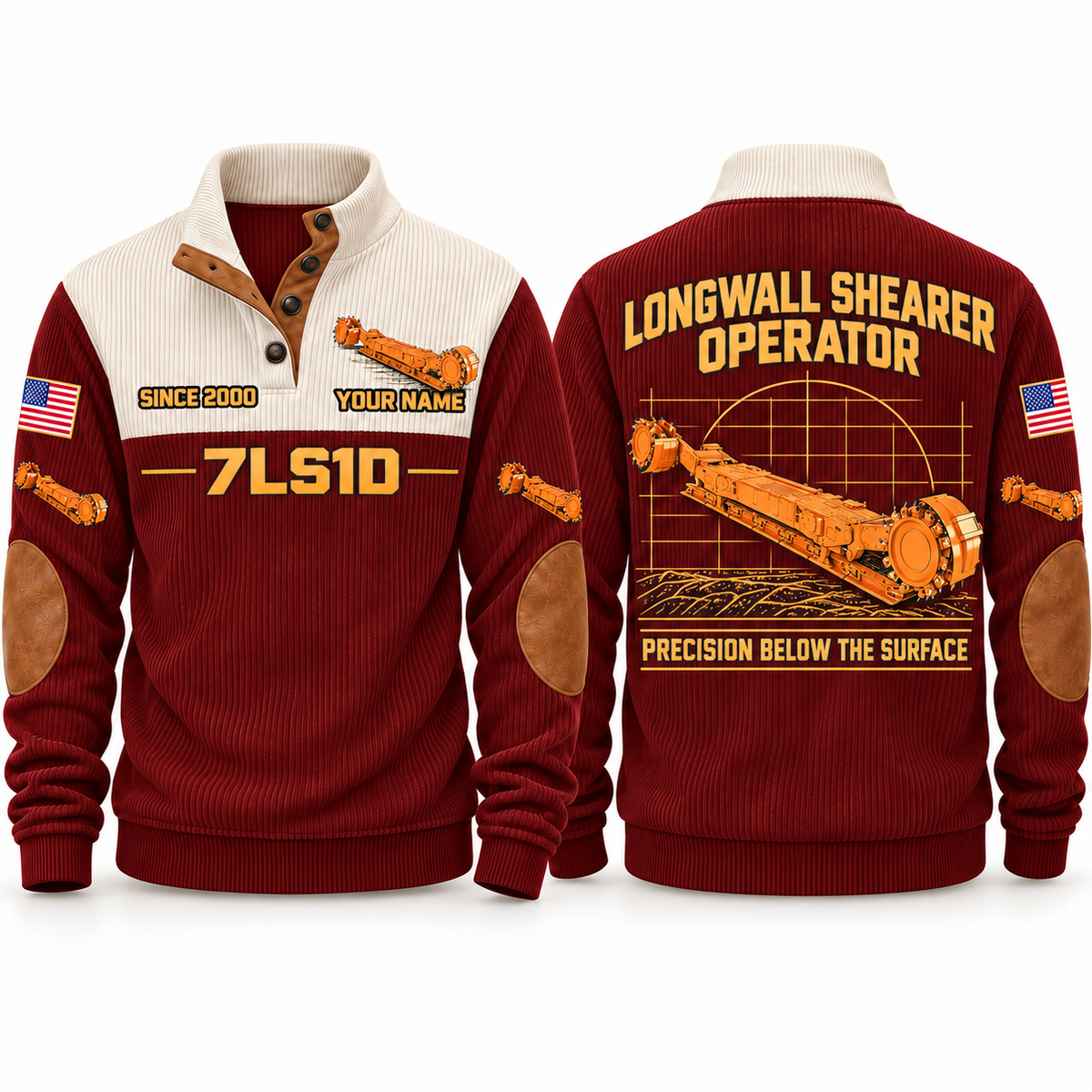 7LS1D Longwall Shearer Operator Sports Sweatshirt in Jujube Red, front and back views, sample YOUR NAME and SINCE 2000 personalization