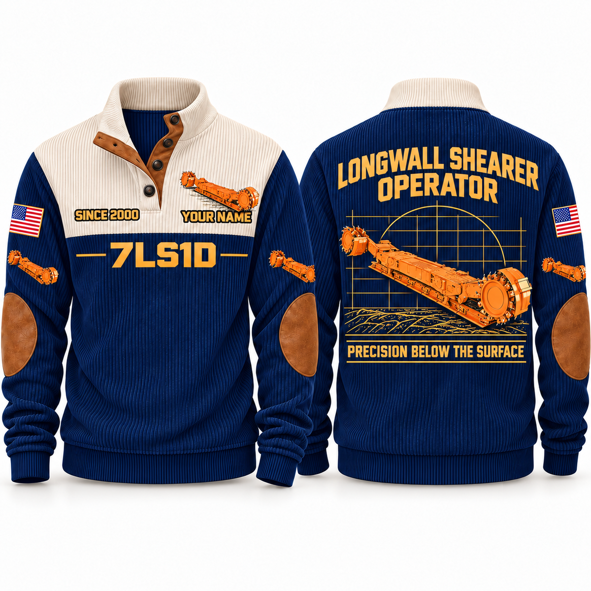 7LS1D Longwall Shearer Operator Sports Sweatshirt in Navy, front and back views, sample YOUR NAME and SINCE 2000 personalization