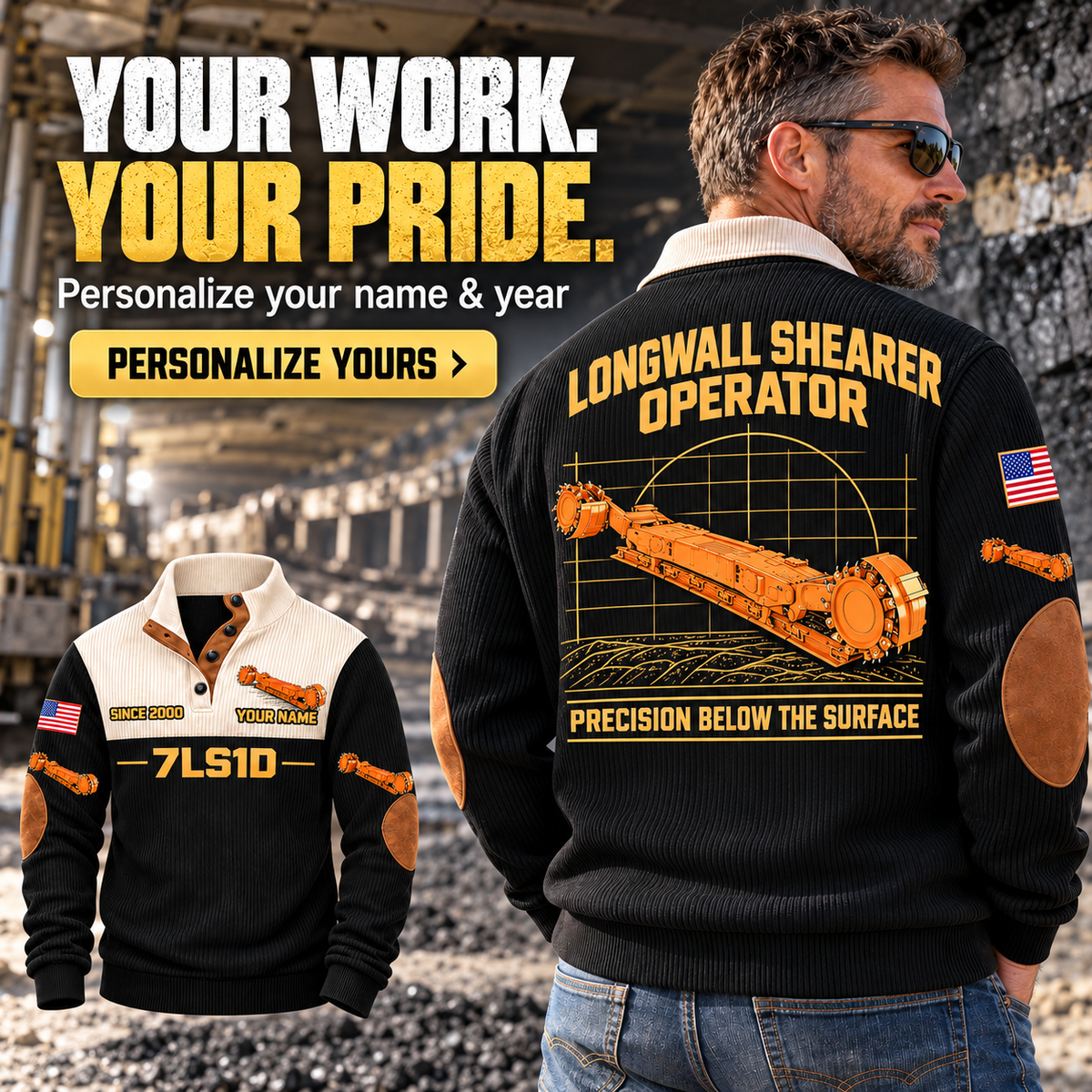 Personalized 7LS1D Longwall Shearer Operator Sports Sweatshirt in Black, dedicated lifestyle featured image showing front and back artwork, personalized YOUR NAME and SINCE 2000