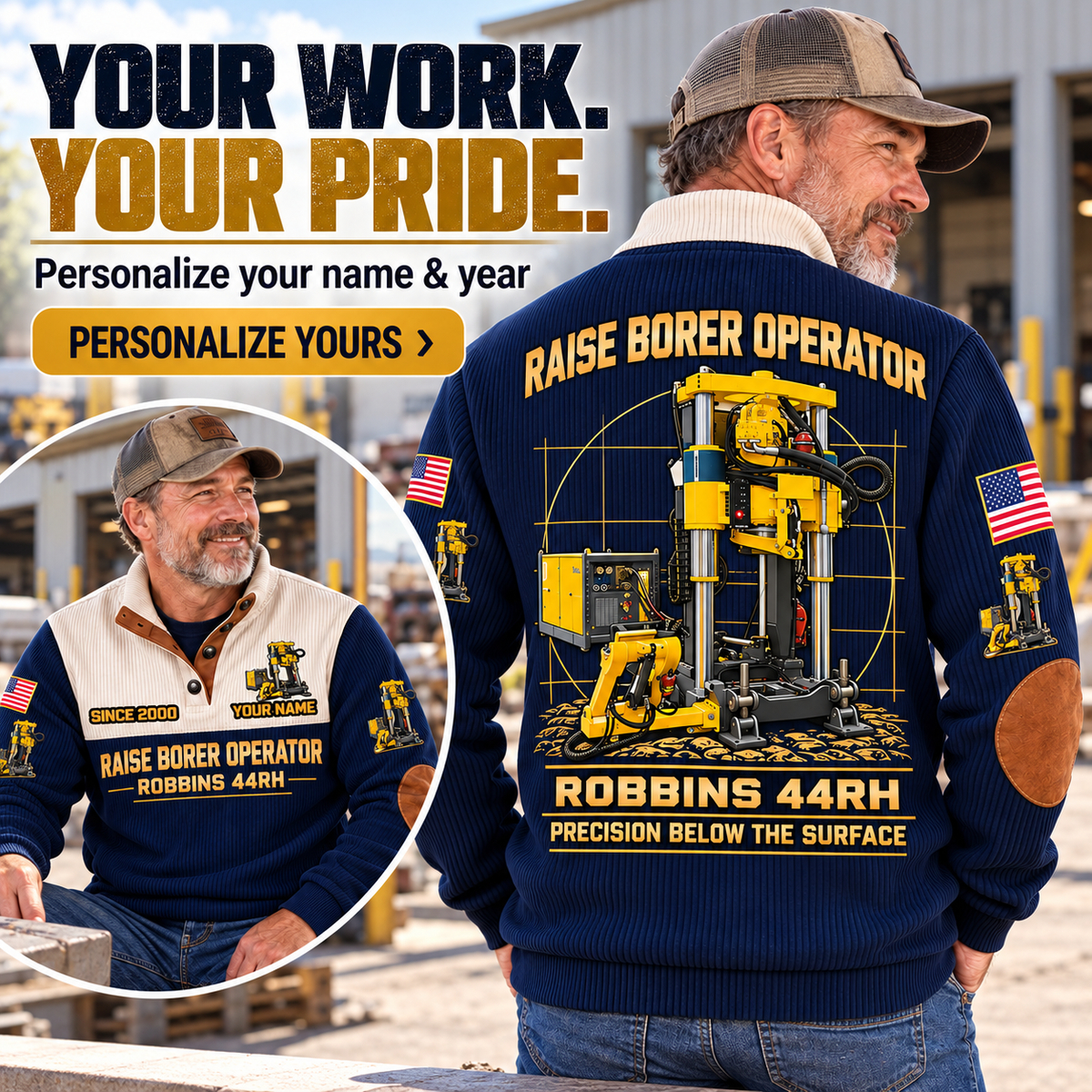 Personalized Robbins 44RH Raise Borer Operator Sports Sweatshirt in Navy, dedicated lifestyle featured image showing front and back artwork, personalized YOUR NAME and SINCE 2000