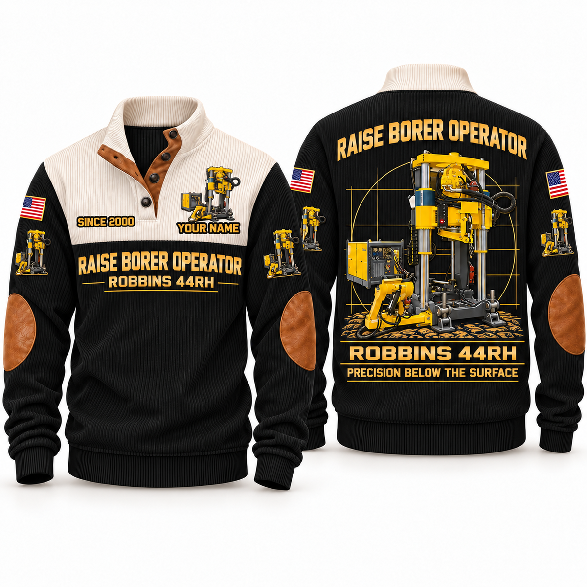 Robbins 44RH Raise Borer Operator Sports Sweatshirt in Black, front and back views, sample YOUR NAME and SINCE 2000 personalization
