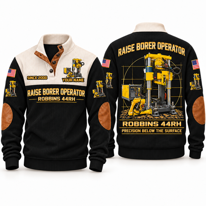 Robbins 44RH Raise Borer Operator Sports Sweatshirt in Black, front and back views, sample YOUR NAME and SINCE 2000 personalization