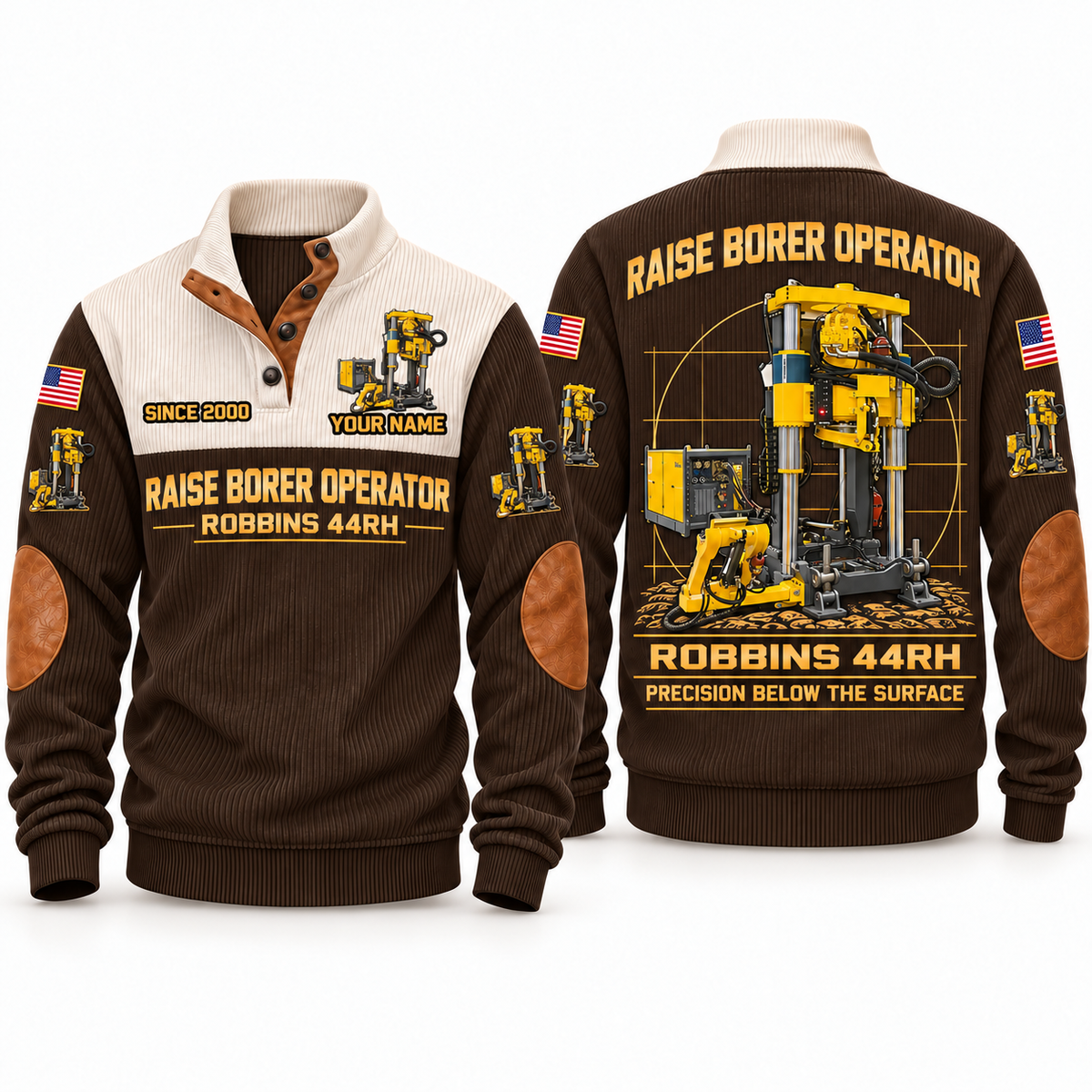 Robbins 44RH Raise Borer Operator Sports Sweatshirt in Brown, front and back views, sample YOUR NAME and SINCE 2000 personalization