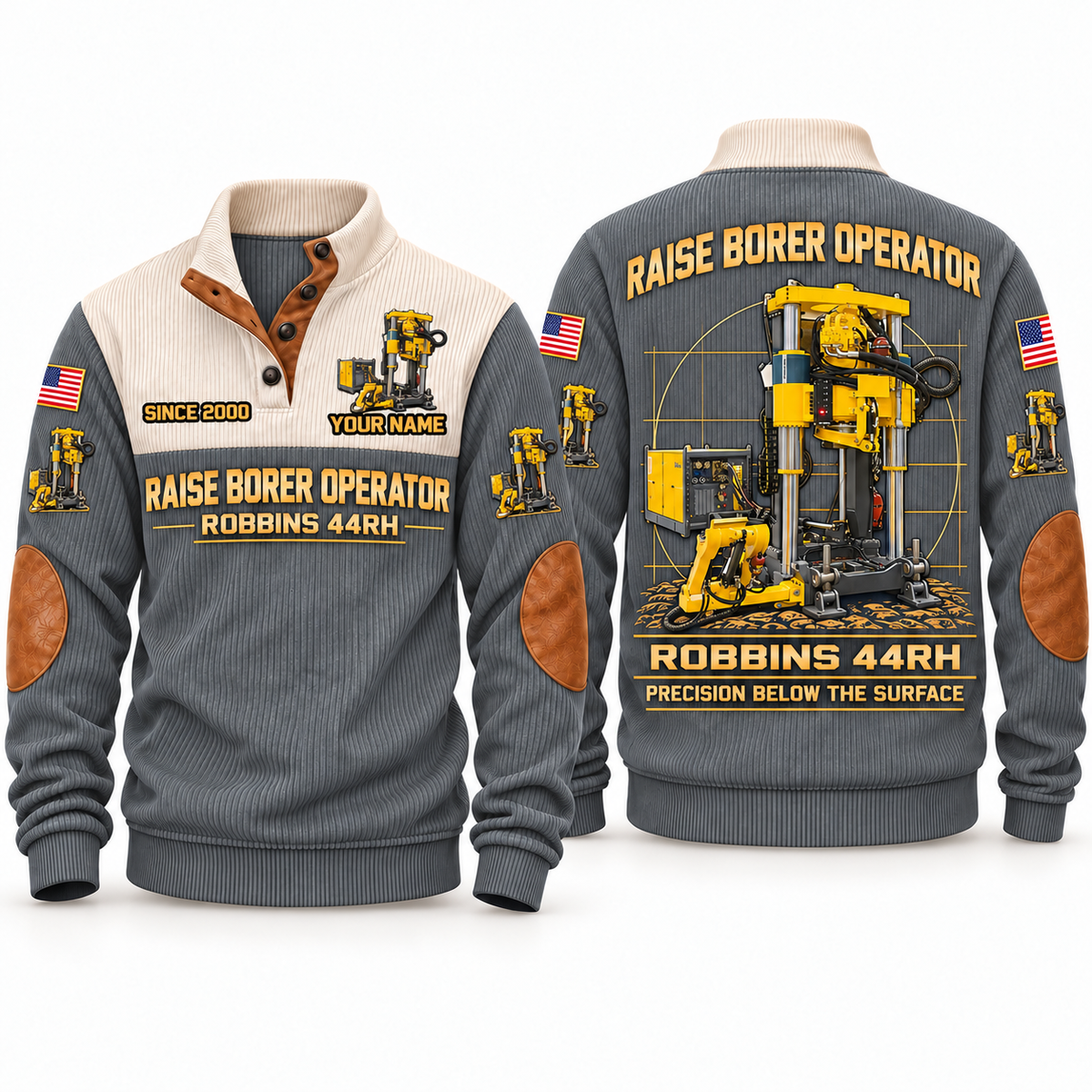 Robbins 44RH Raise Borer Operator Sports Sweatshirt in Grey, front and back views, sample YOUR NAME and SINCE 2000 personalization