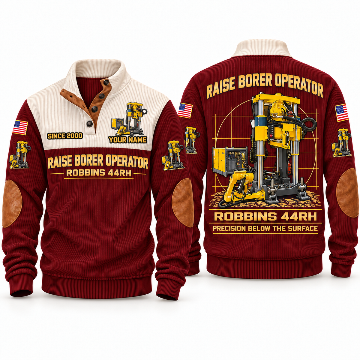 Robbins 44RH Raise Borer Operator Sports Sweatshirt in Jujube Red, front and back views, sample YOUR NAME and SINCE 2000 personalization