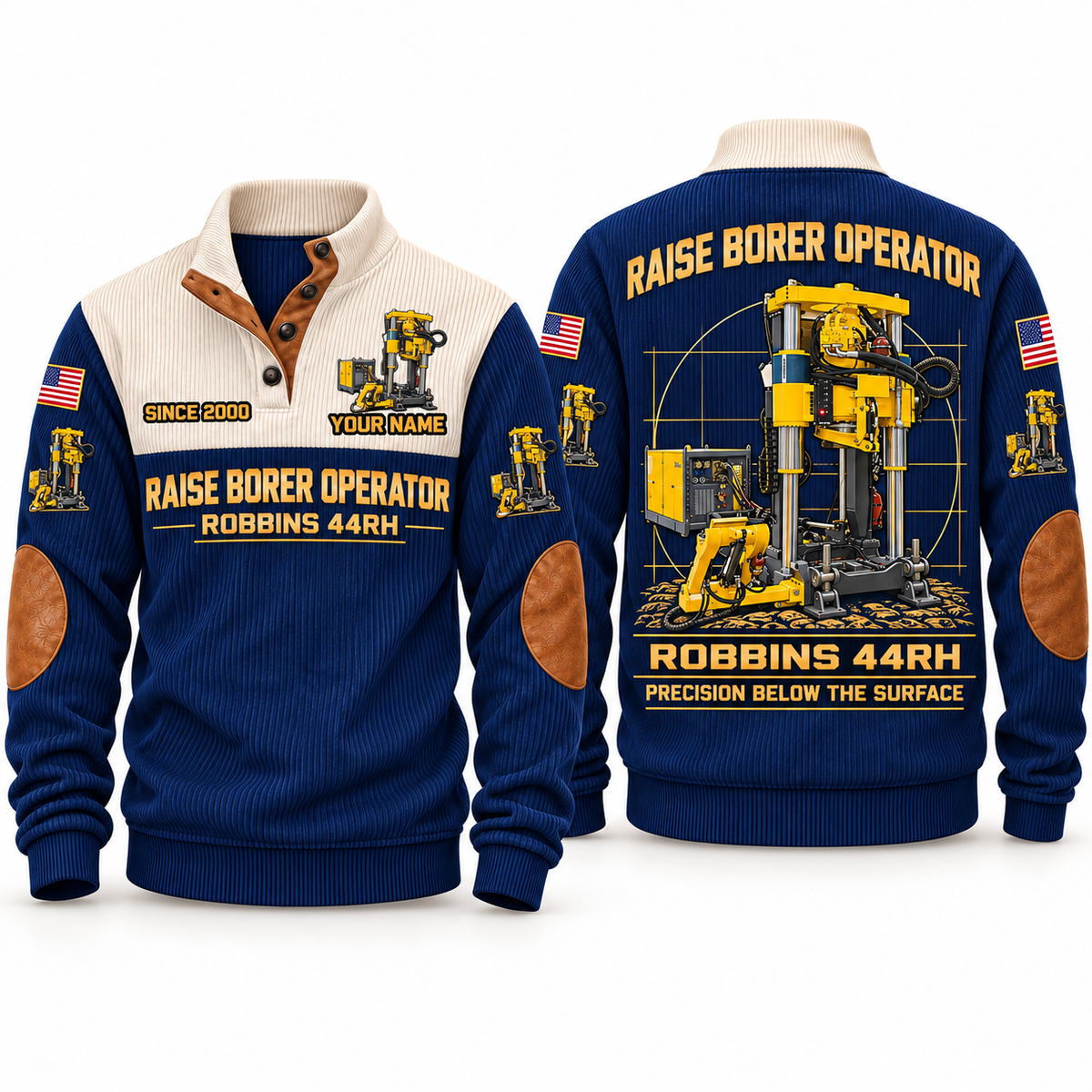 Robbins 44RH Raise Borer Operator Sports Sweatshirt in Navy, front and back views, sample YOUR NAME and SINCE 2000 personalization