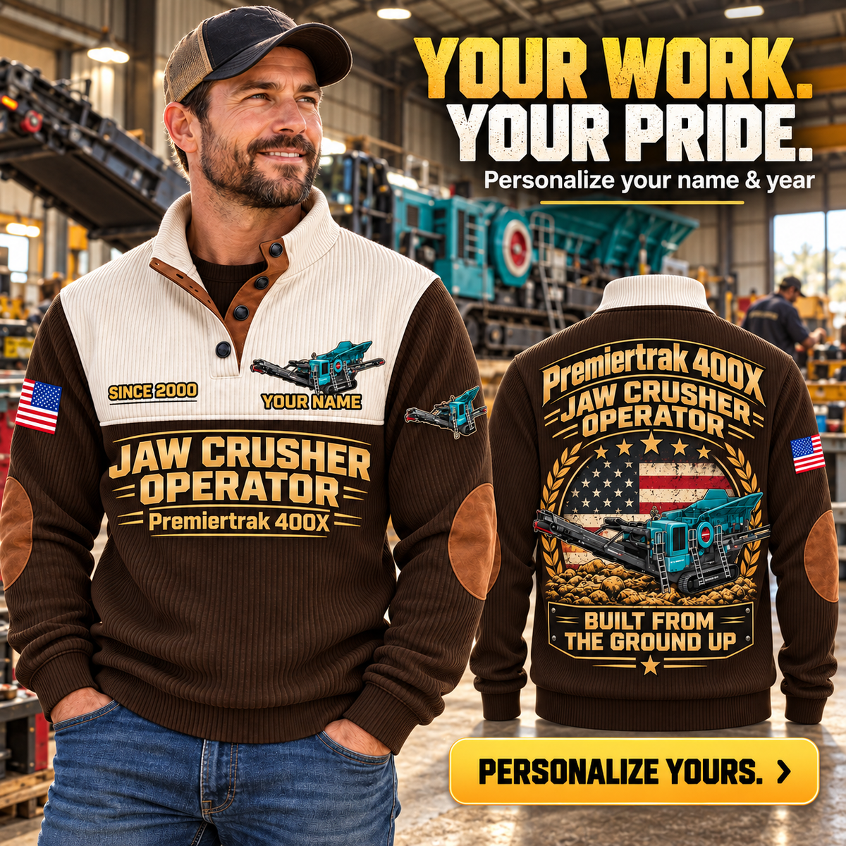 Personalized Premiertrak 400X Jaw Crusher Operator Sports Sweatshirt in Brown, dedicated lifestyle featured image showing front and back artwork, personalized YOUR NAME and SINCE 2000