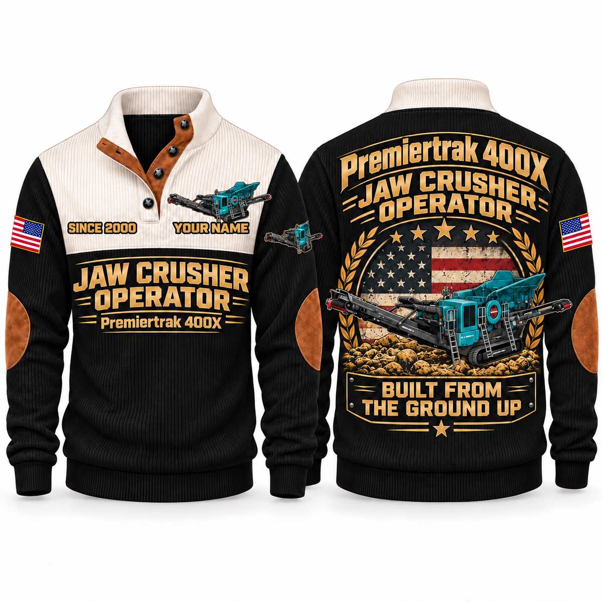 Premiertrak 400X Crusher Operator Sports Sweatshirt in Black, front and back views, sample YOUR NAME and SINCE 2000 personalization