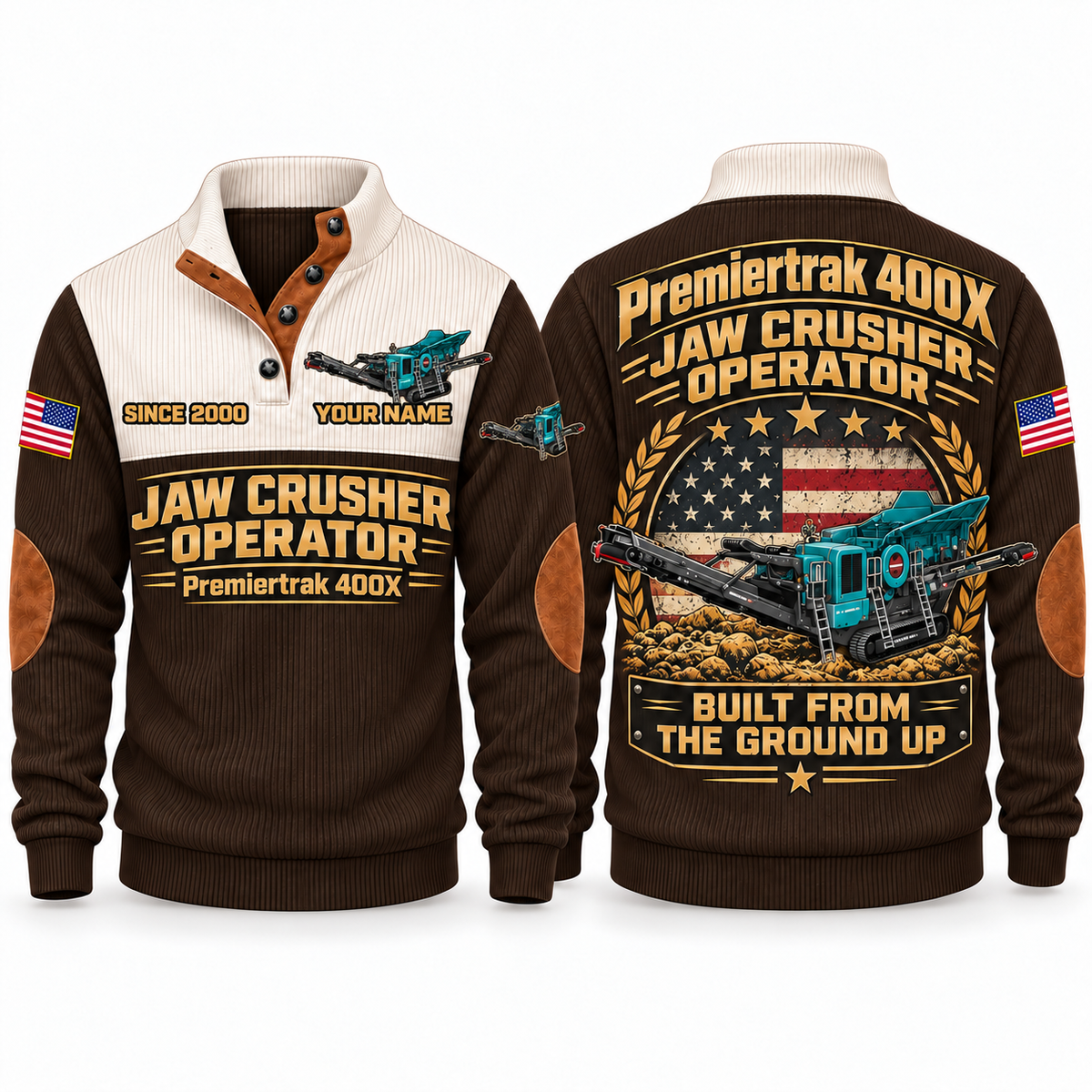Premiertrak 400X Crusher Operator Sports Sweatshirt in Brown, front and back views, sample YOUR NAME and SINCE 2000 personalization