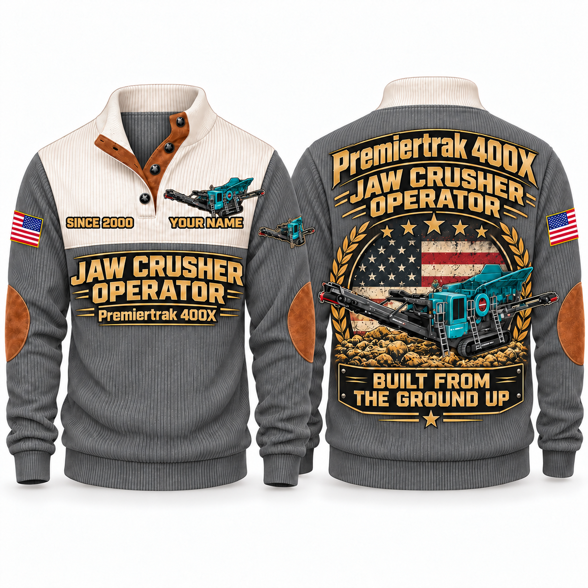 Premiertrak 400X Crusher Operator Sports Sweatshirt in Grey, front and back views, sample YOUR NAME and SINCE 2000 personalization