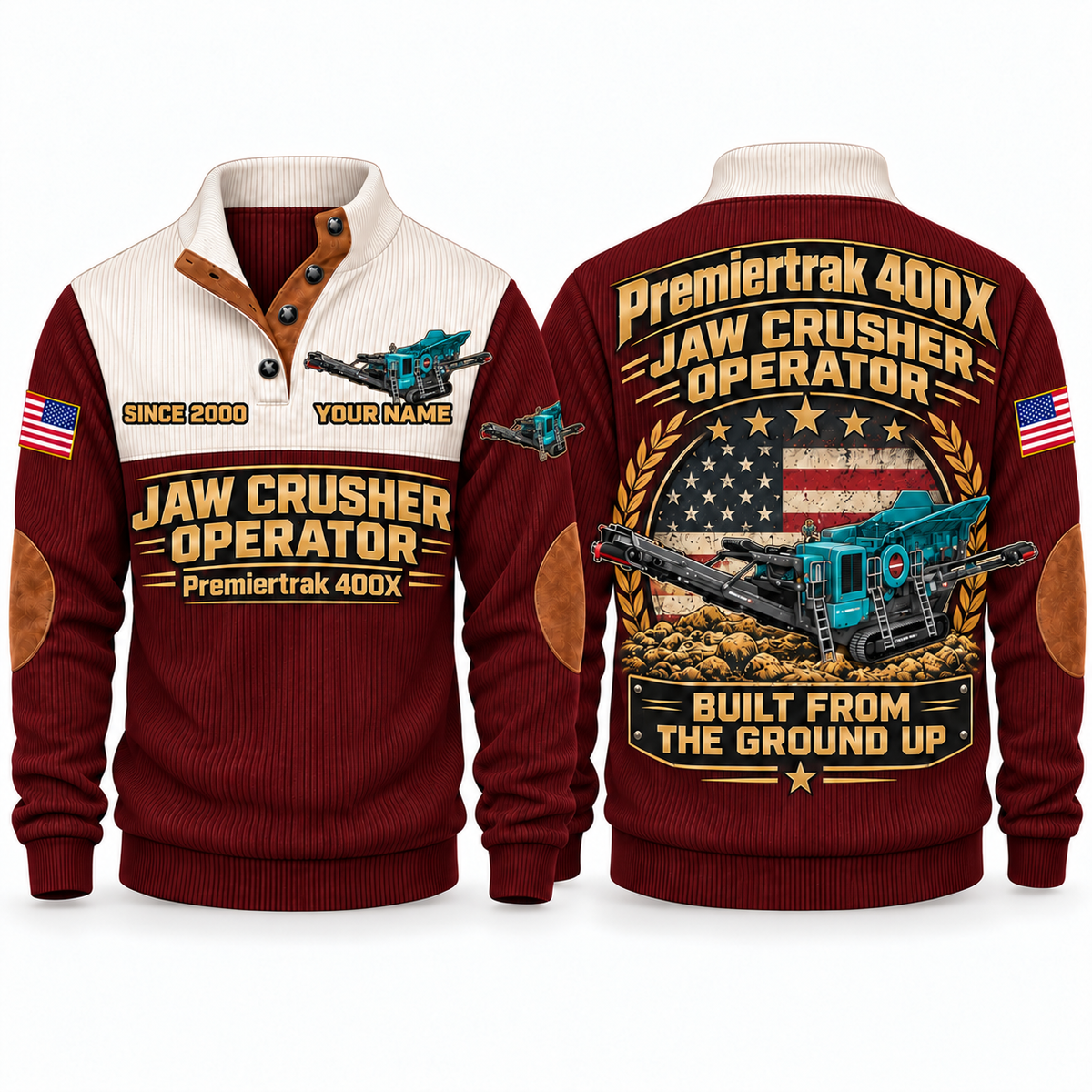 Premiertrak 400X Crusher Operator Sports Sweatshirt in Jujube Red, front and back views, sample YOUR NAME and SINCE 2000 personalization