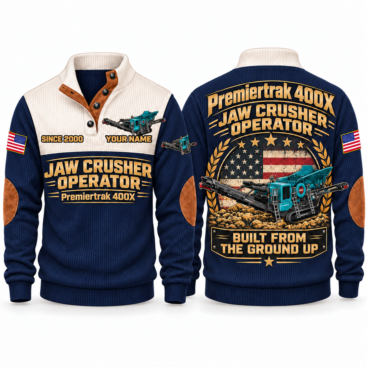 Premiertrak 400X Crusher Operator Sports Sweatshirt in Navy, front and back views, sample YOUR NAME and SINCE 2000 personalization
