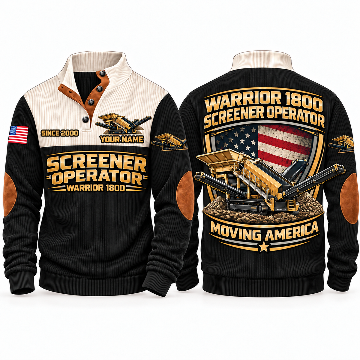 Warrior 1800 Screener Operator Sports Sweatshirt in Black, front and back views, sample YOUR NAME and SINCE 2000 personalization