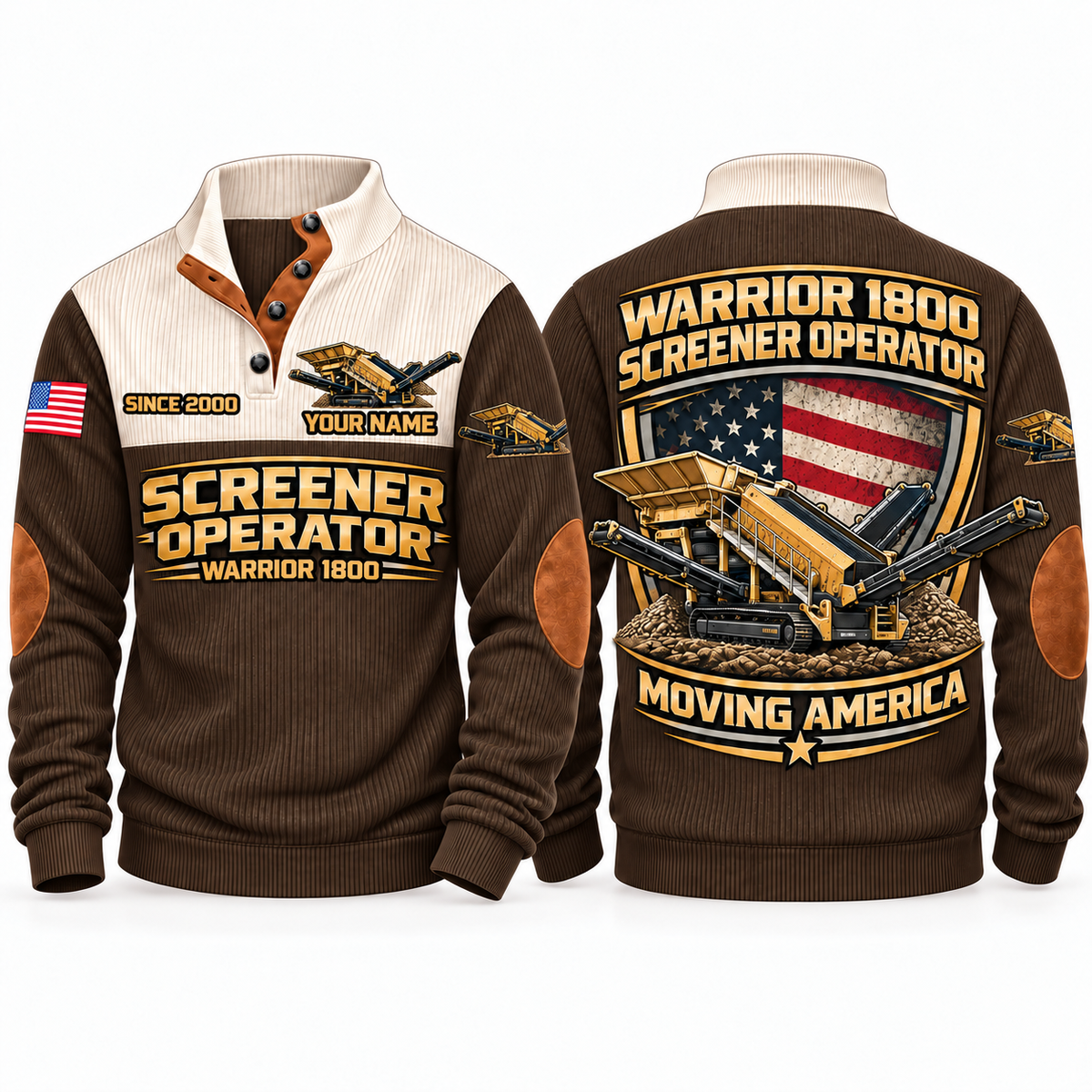 Warrior 1800 Screener Operator Sports Sweatshirt in Brown, front and back views, sample YOUR NAME and SINCE 2000 personalization
