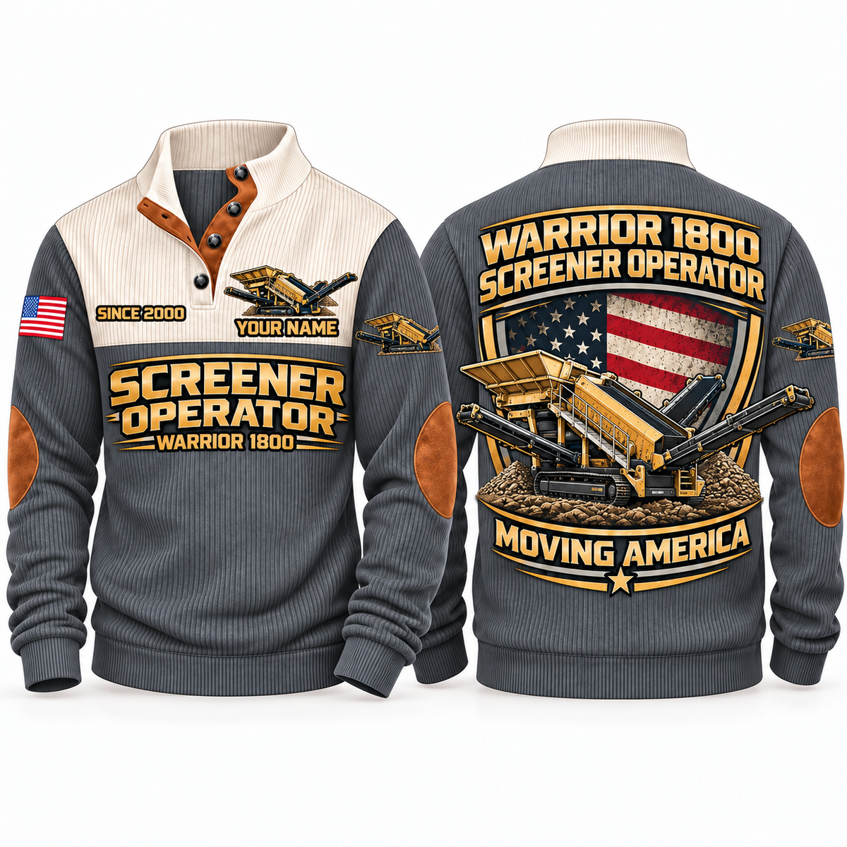 Warrior 1800 Screener Operator Sports Sweatshirt in Grey, front and back views, sample YOUR NAME and SINCE 2000 personalization