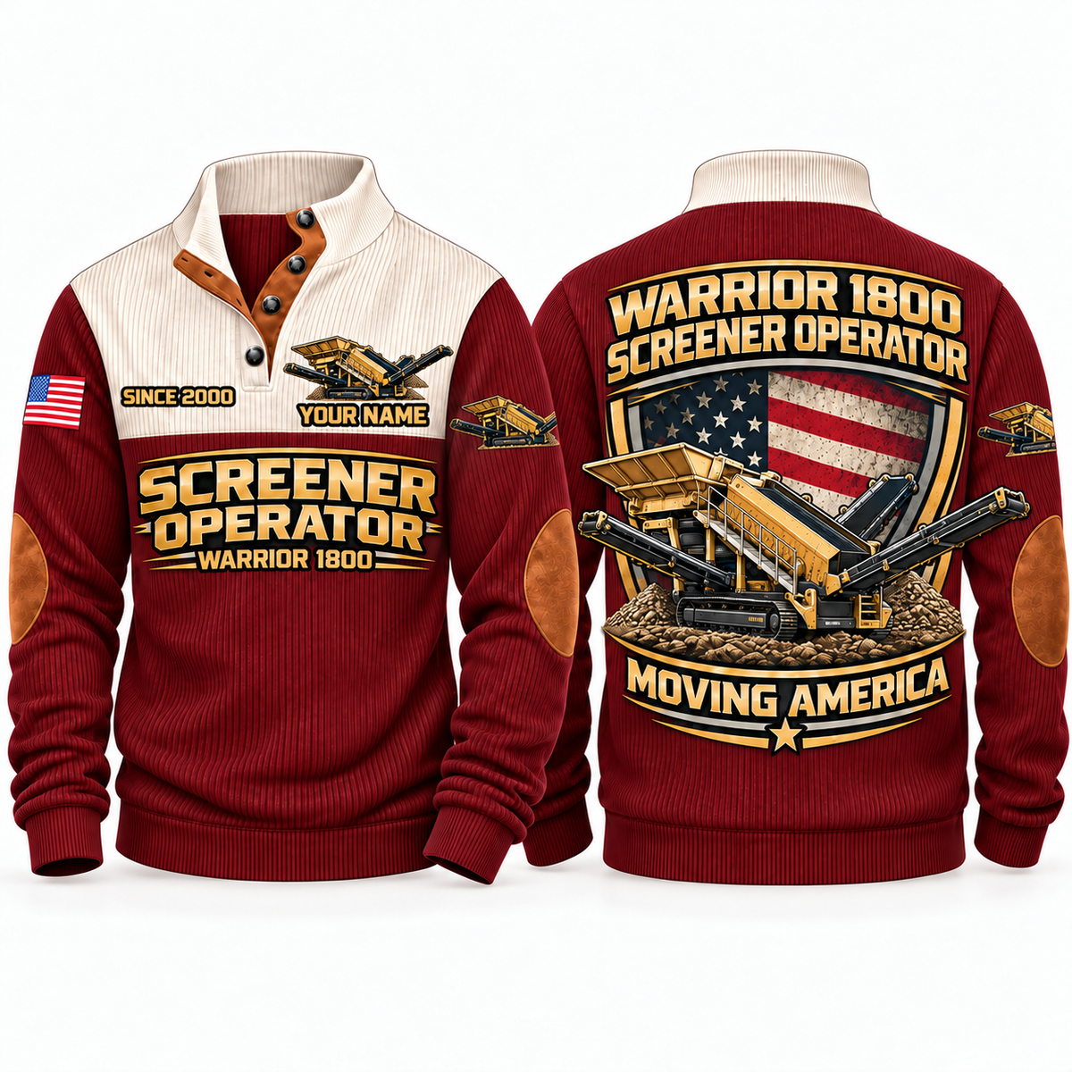 Warrior 1800 Screener Operator Sports Sweatshirt in Jujube Red, front and back views, sample YOUR NAME and SINCE 2000 personalization