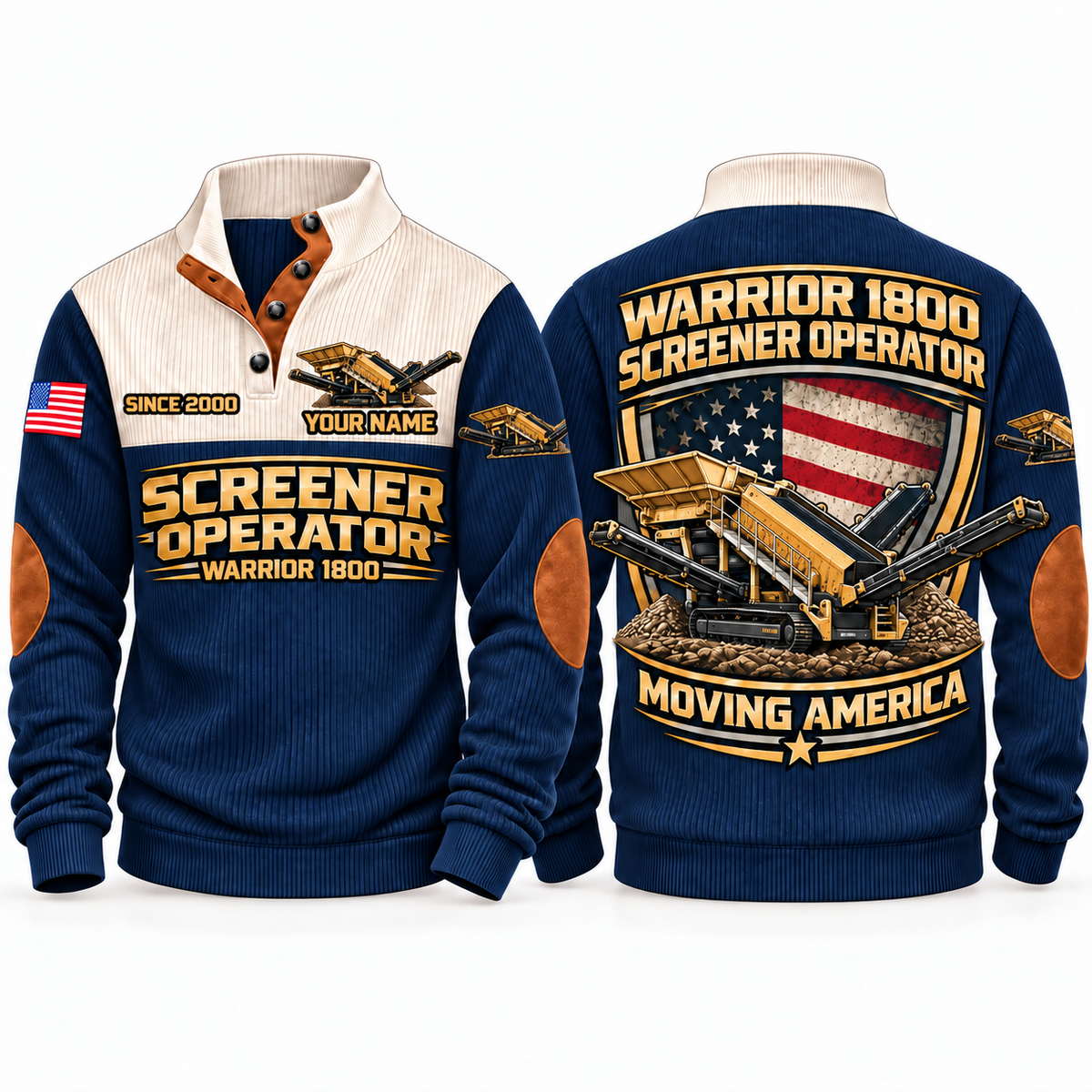 Warrior 1800 Screener Operator Sports Sweatshirt in Navy, front and back views, sample YOUR NAME and SINCE 2000 personalization