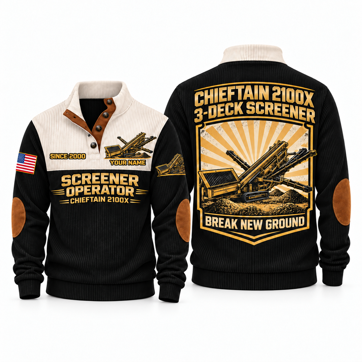 Chieftain 2100X Screener Operator Sports Sweatshirt in Black, front and back views, sample YOUR NAME and SINCE 2000 personalization