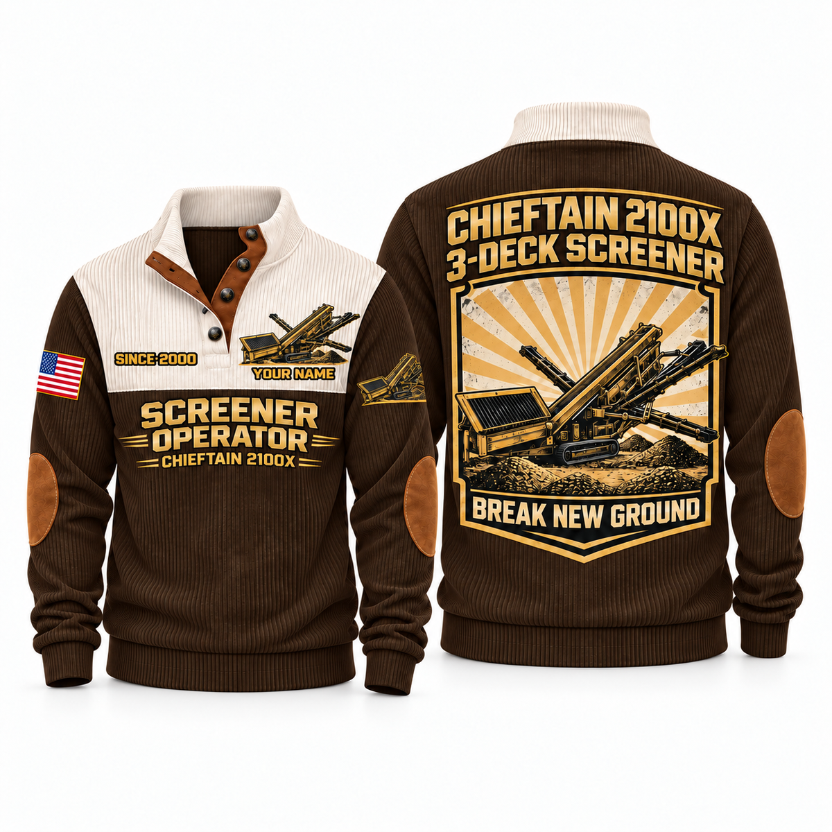 Chieftain 2100X Screener Operator Sports Sweatshirt in Brown, front and back views, sample YOUR NAME and SINCE 2000 personalization