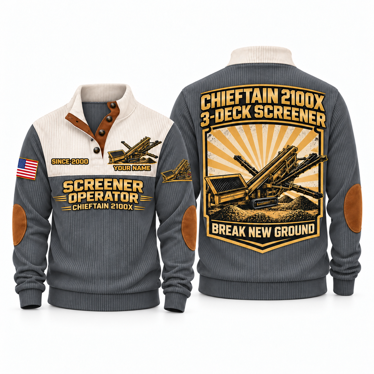 Chieftain 2100X Screener Operator Sports Sweatshirt in Grey, front and back views, sample YOUR NAME and SINCE 2000 personalization