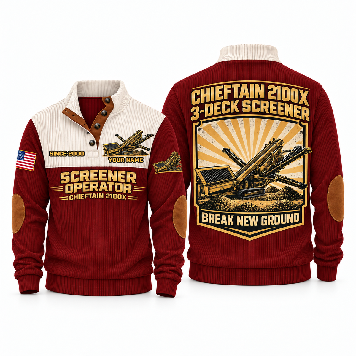 Chieftain 2100X Screener Operator Sports Sweatshirt in Jujube Red, front and back views, sample YOUR NAME and SINCE 2000 personalization