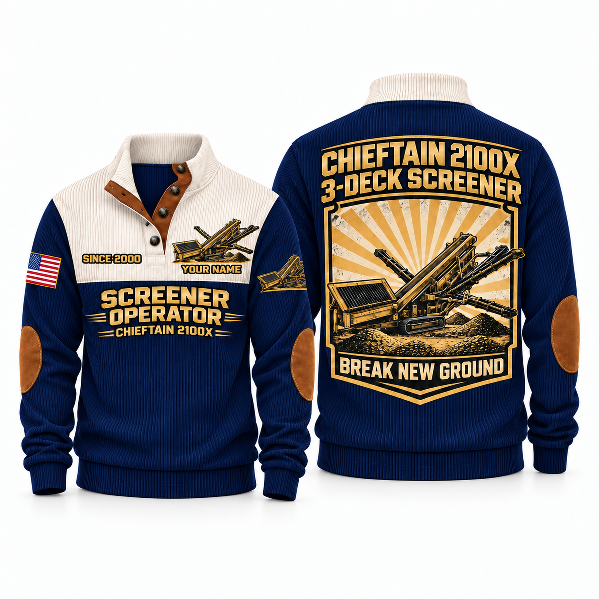 Chieftain 2100X Screener Operator Sports Sweatshirt in Navy, front and back views, sample YOUR NAME and SINCE 2000 personalization