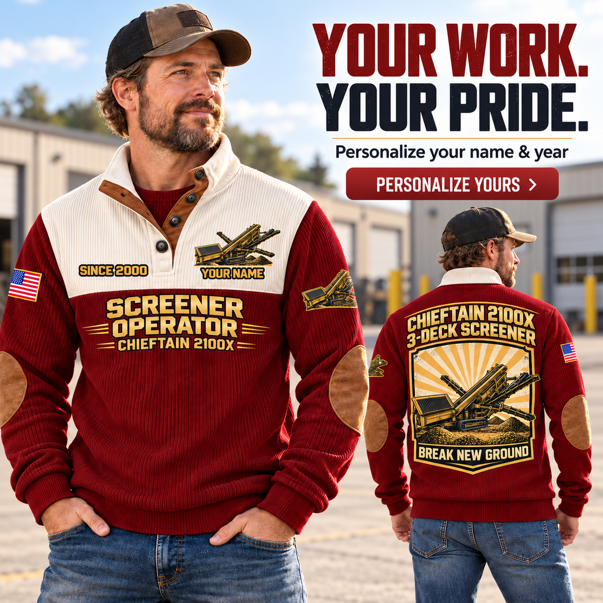 Personalized Chieftain 2100X 3-Deck Screener Operator Sports Sweatshirt in Jujube Red, dedicated lifestyle featured image showing front and back artwork, personalized YOUR NAME and SINCE 2000