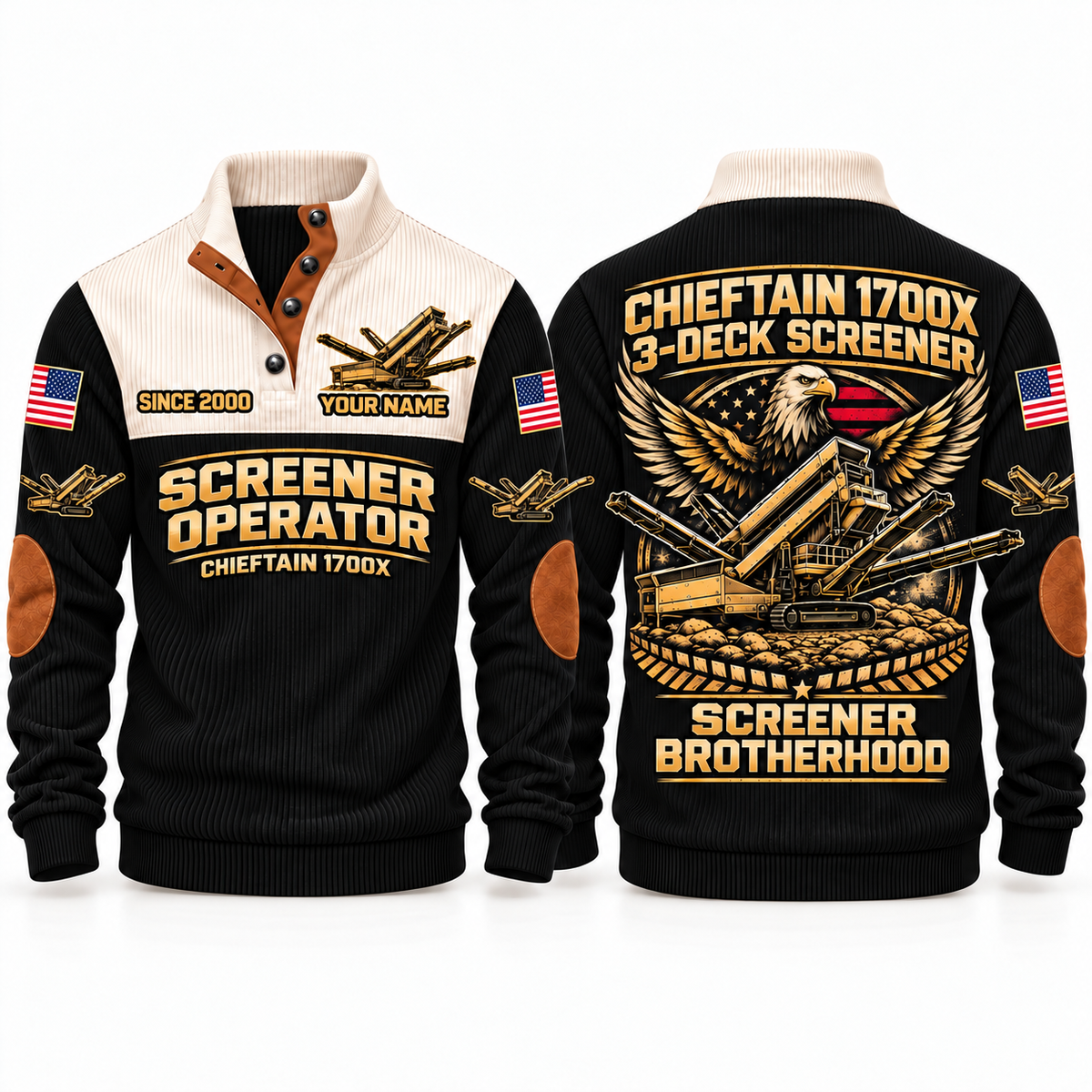 Chieftain 1700X 3-Deck Screener Operator Sports Sweatshirt in Black, front and back views, sample YOUR NAME and SINCE 2000 personalization