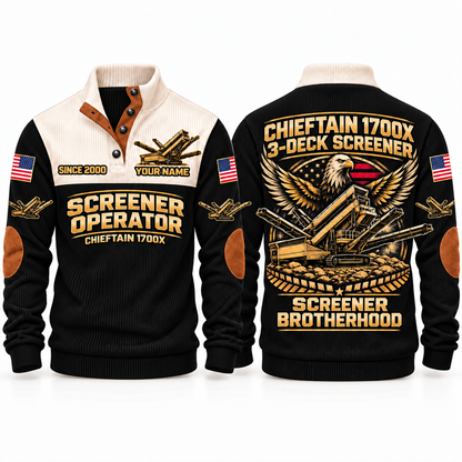 Chieftain 1700X 3-Deck Screener Operator Sports Sweatshirt in Black, front and back views, sample YOUR NAME and SINCE 2000 personalization