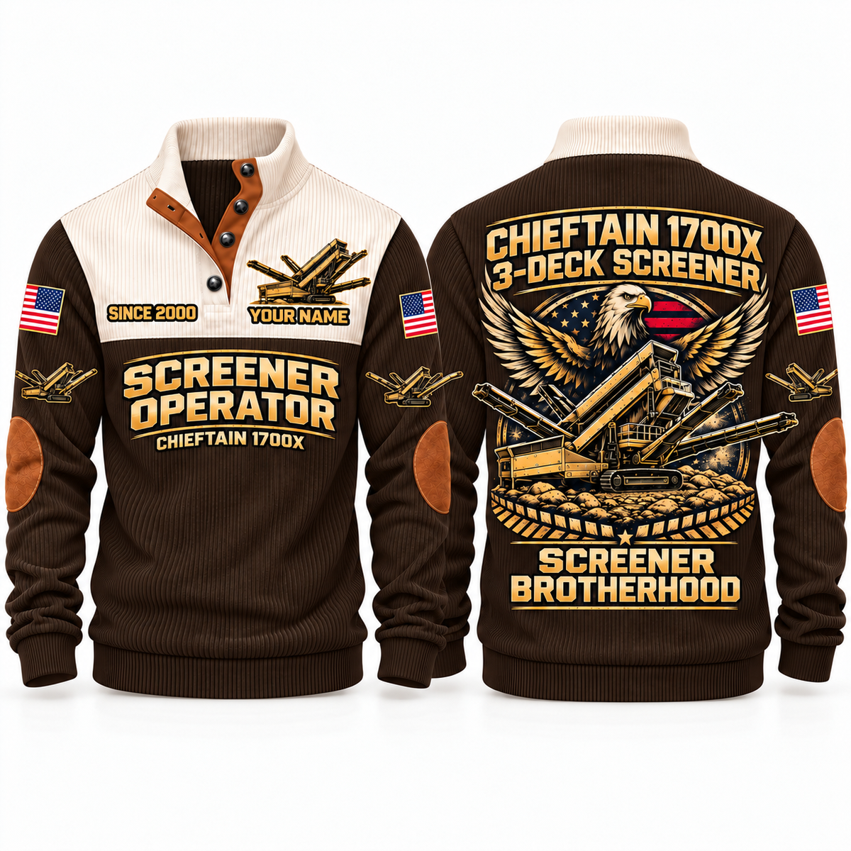 Chieftain 1700X 3-Deck Screener Operator Sports Sweatshirt in Brown, front and back views, sample YOUR NAME and SINCE 2000 personalization