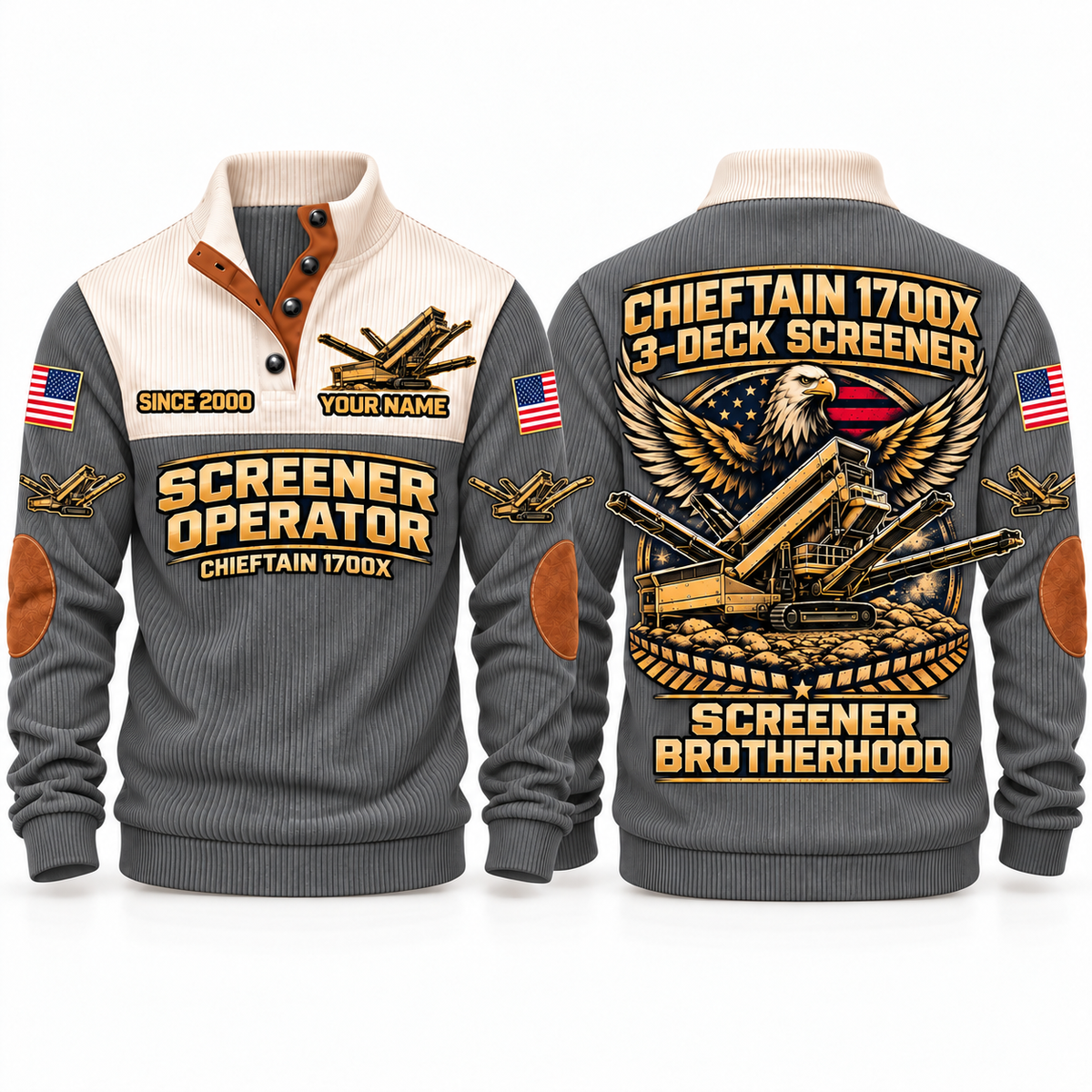 Chieftain 1700X 3-Deck Screener Operator Sports Sweatshirt in Grey, front and back views, sample YOUR NAME and SINCE 2000 personalization