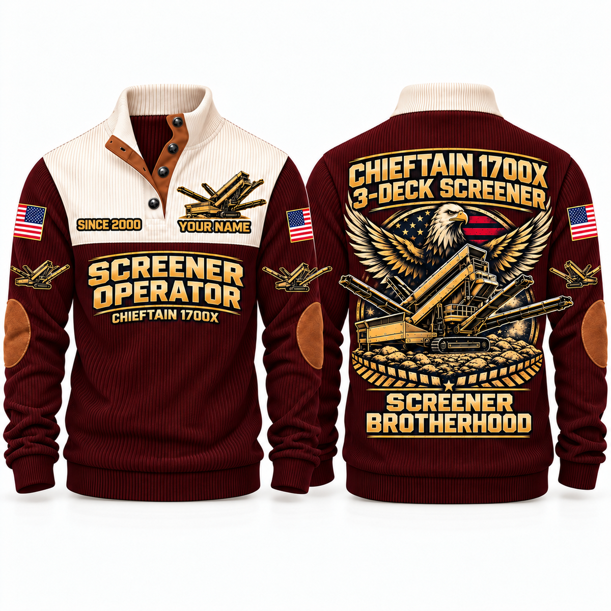 Chieftain 1700X 3-Deck Screener Operator Sports Sweatshirt in Jujube Red, front and back views, sample YOUR NAME and SINCE 2000 personalization